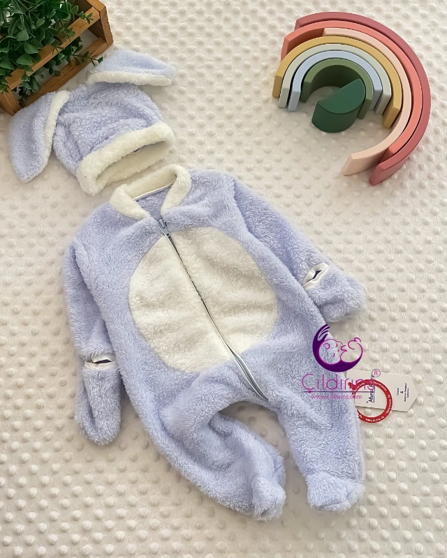 Miniapple Welsoft Peluşlu Göbeği Beyaz Kendinden Eldivenli Tavşan Şapkalı Bebek Tulumu - KREM