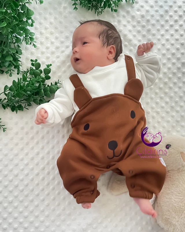 Miniapple 3 İplik Şaşkın Ayıcık Nakışlı Bebek Tulumu - GRİ