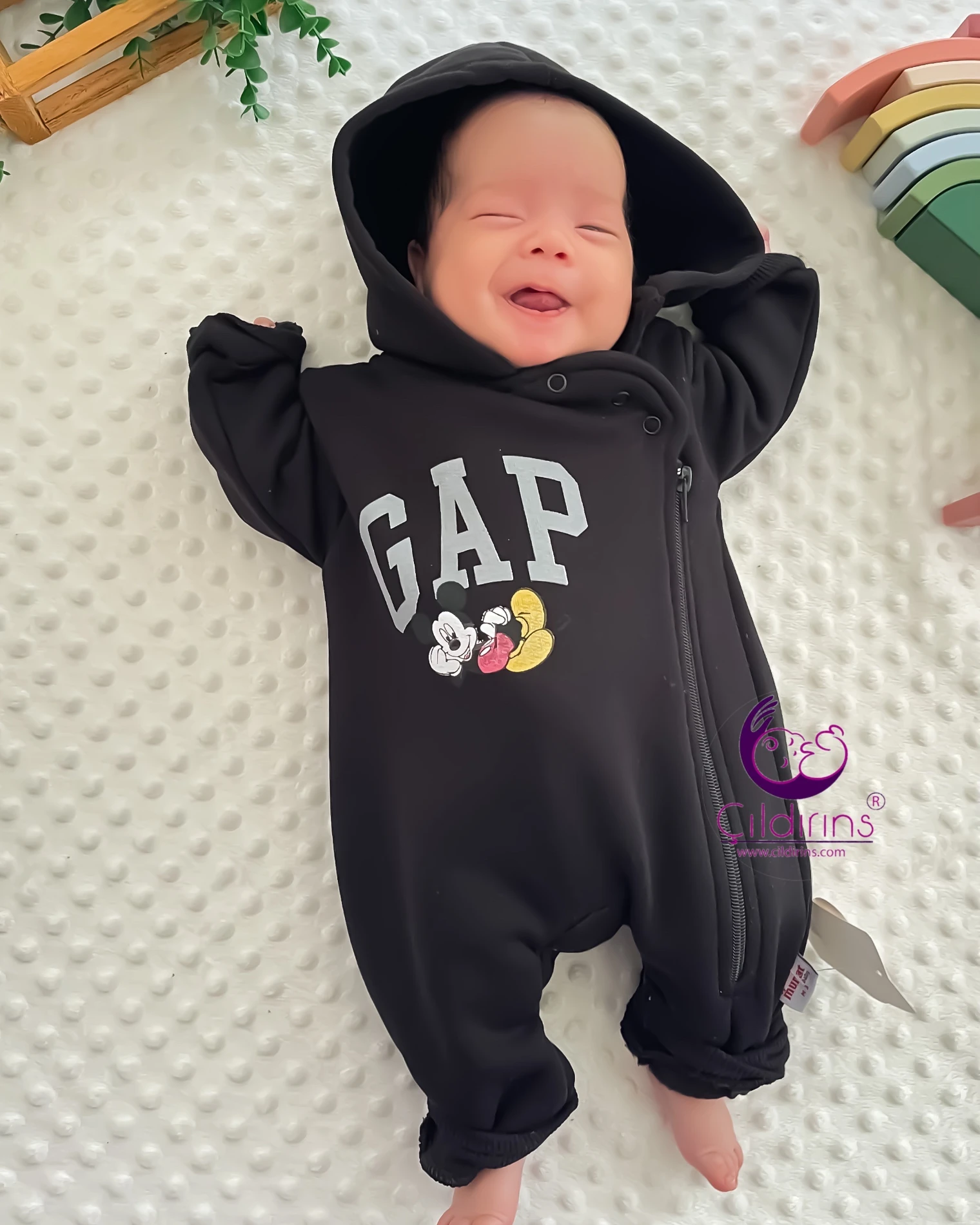 Miniapple 3 İplik Gapp Miki Baskılı Kapüşonlu Fermuarlı Bebek Tulumu - SİYAH