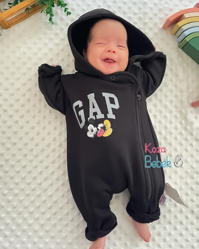 Miniapple 3 İplik Gapp Miki Baskılı Kapüşonlu Fermuarlı Bebek Tulumu