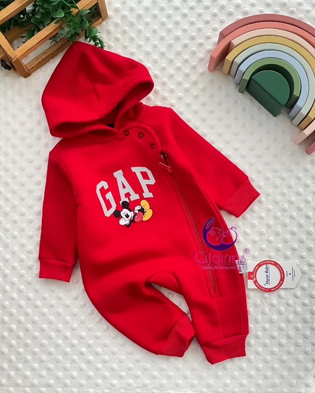 Miniapple 3 İplik Gapp Miki Baskılı Kapüşonlu Fermuarlı Bebek Tulumu - HARDAL