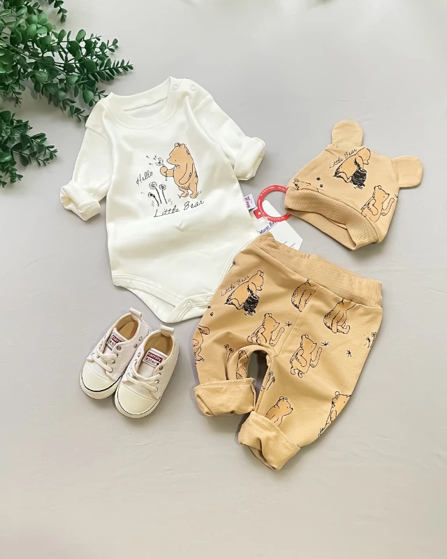 Miniapple Hello Little Bear Baskılı Şapkalı 3’lü Bebek Takımı