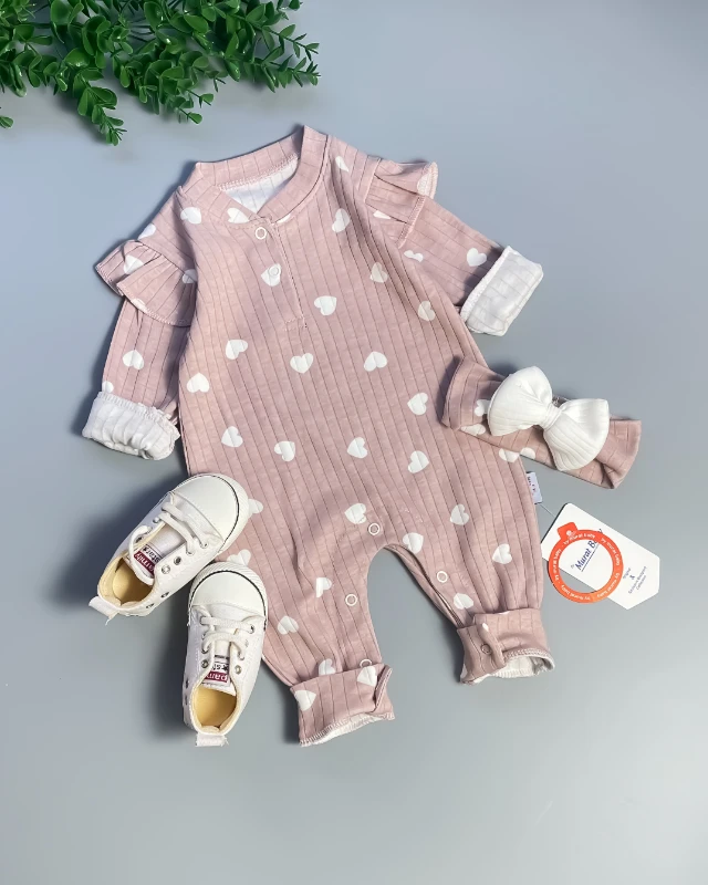 Miniapple Yakası Çift Çıtçıtlı Kolları Fırfırlı Kalp Baskılı Bandanalı Bebek Tulumu - KREM