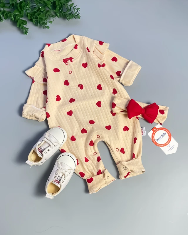 Miniapple Yakası Çift Çıtçıtlı Kolları Fırfırlı Kalp Baskılı Bandanalı Bebek Tulumu - GÜL KURUSU