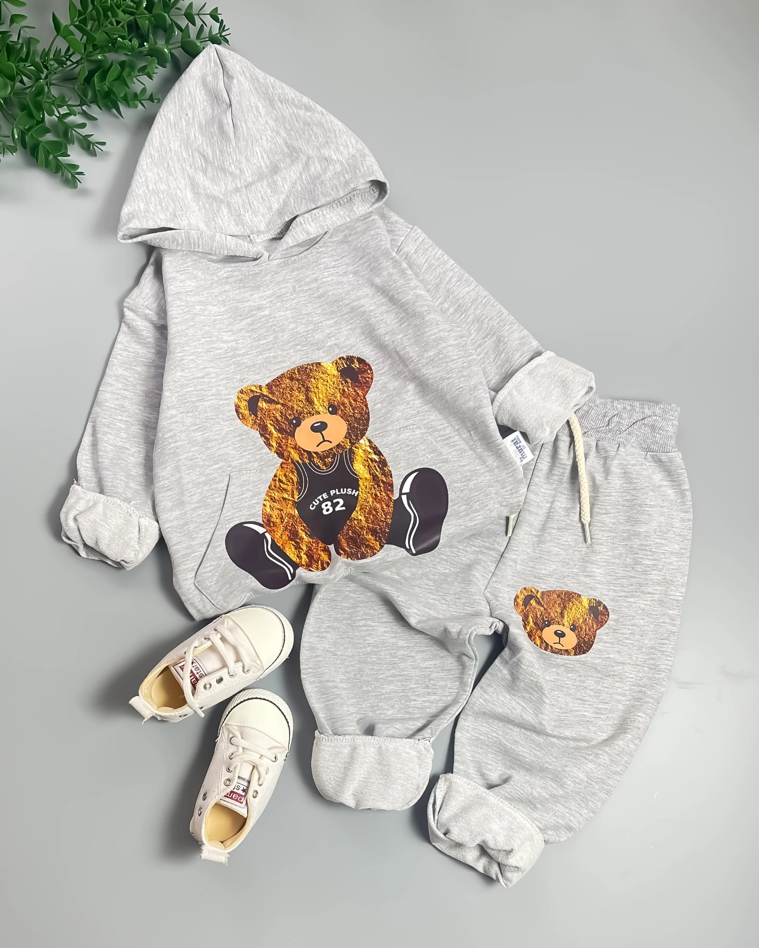 Miniapple Büyük Yaş Cute Plush 82 Ayıcık Baskılı Kapüşonlu 2’li Çocuk Takımı