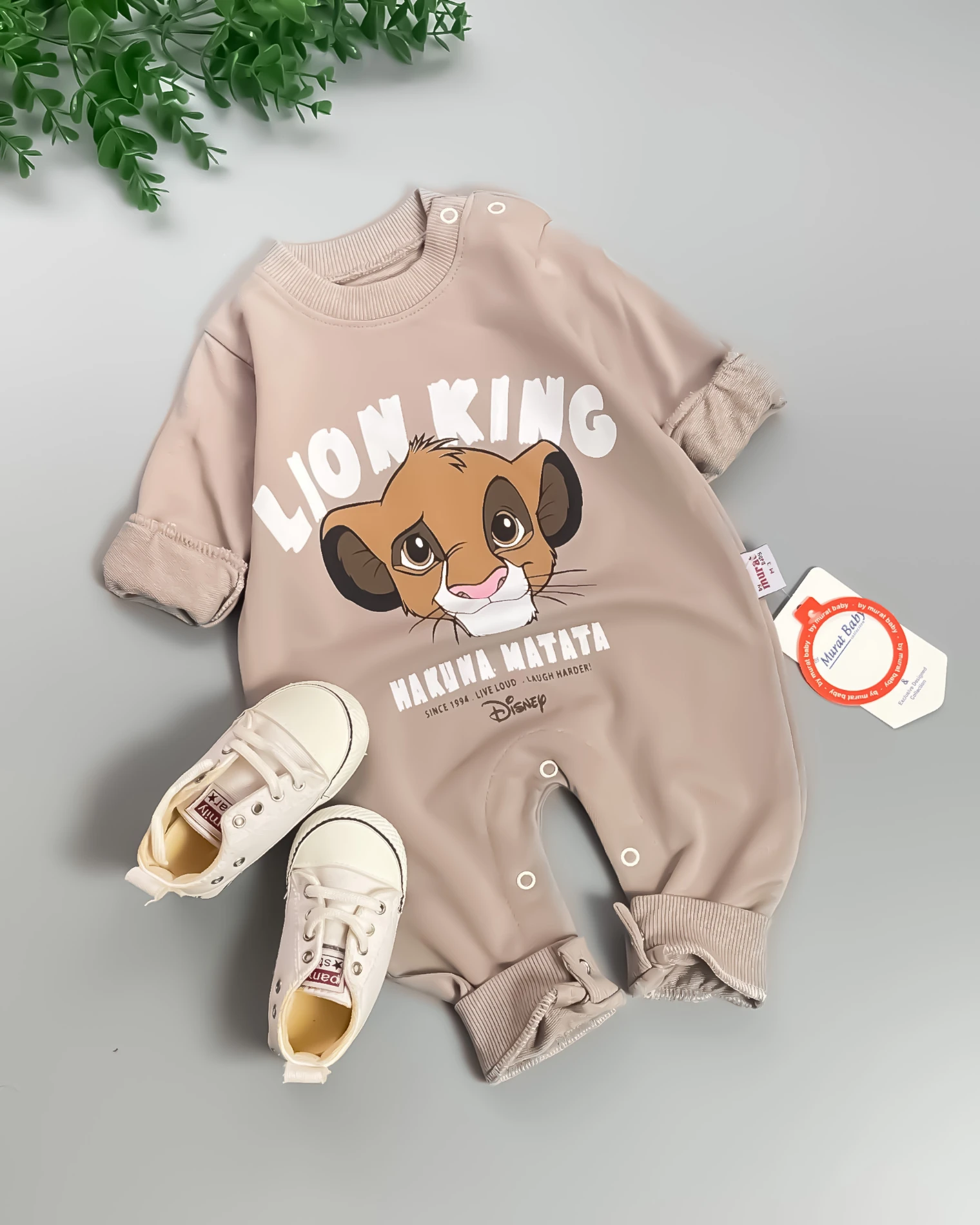 Miniapple Lion King Baskılı Omuzdan ve Alttan Çıtçıtlı Bebek Tulumu - FÜME