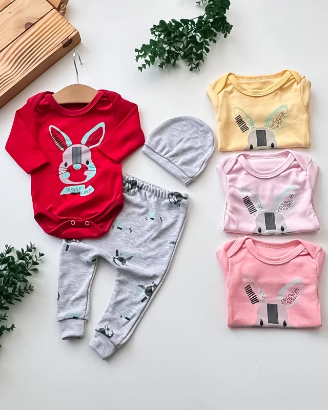 Baby Buny Love Baskılı Şapkalı 3’lü Bebek Takım