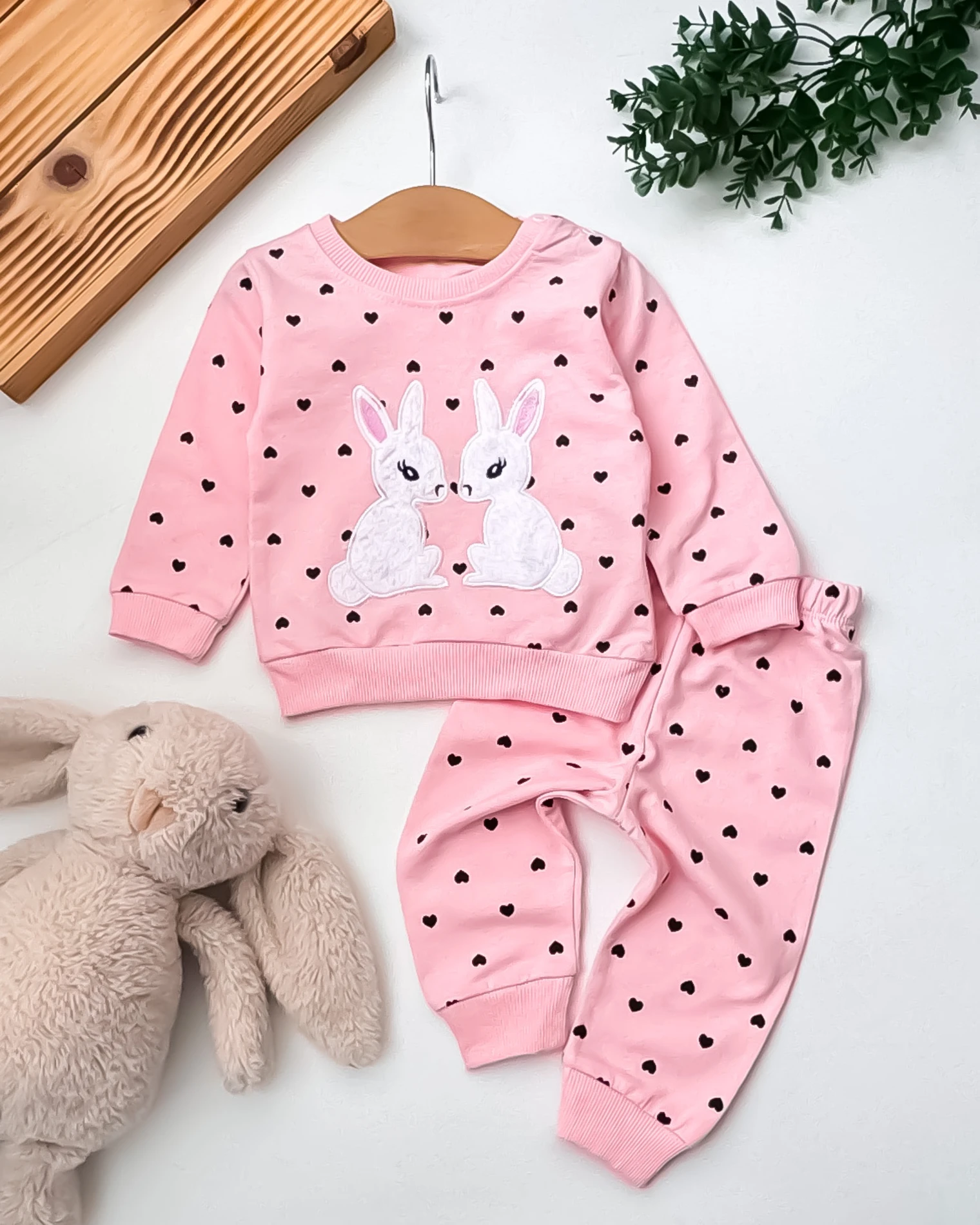 Pccl Çift Tavşan Nakışlı Minik Kalpler Desenli 2’li Bebek Takım