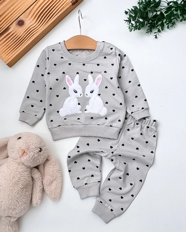 Pccl Çift Tavşan Nakışlı Minik Kalpler Desenli 2’li Bebek Takım