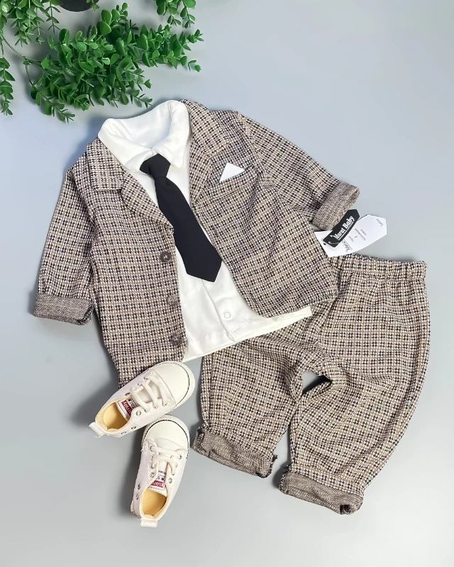 Miniapple Pötikare Ceketli Kravatlı Bebek Takım Elbisesi - KAHVERENGİ