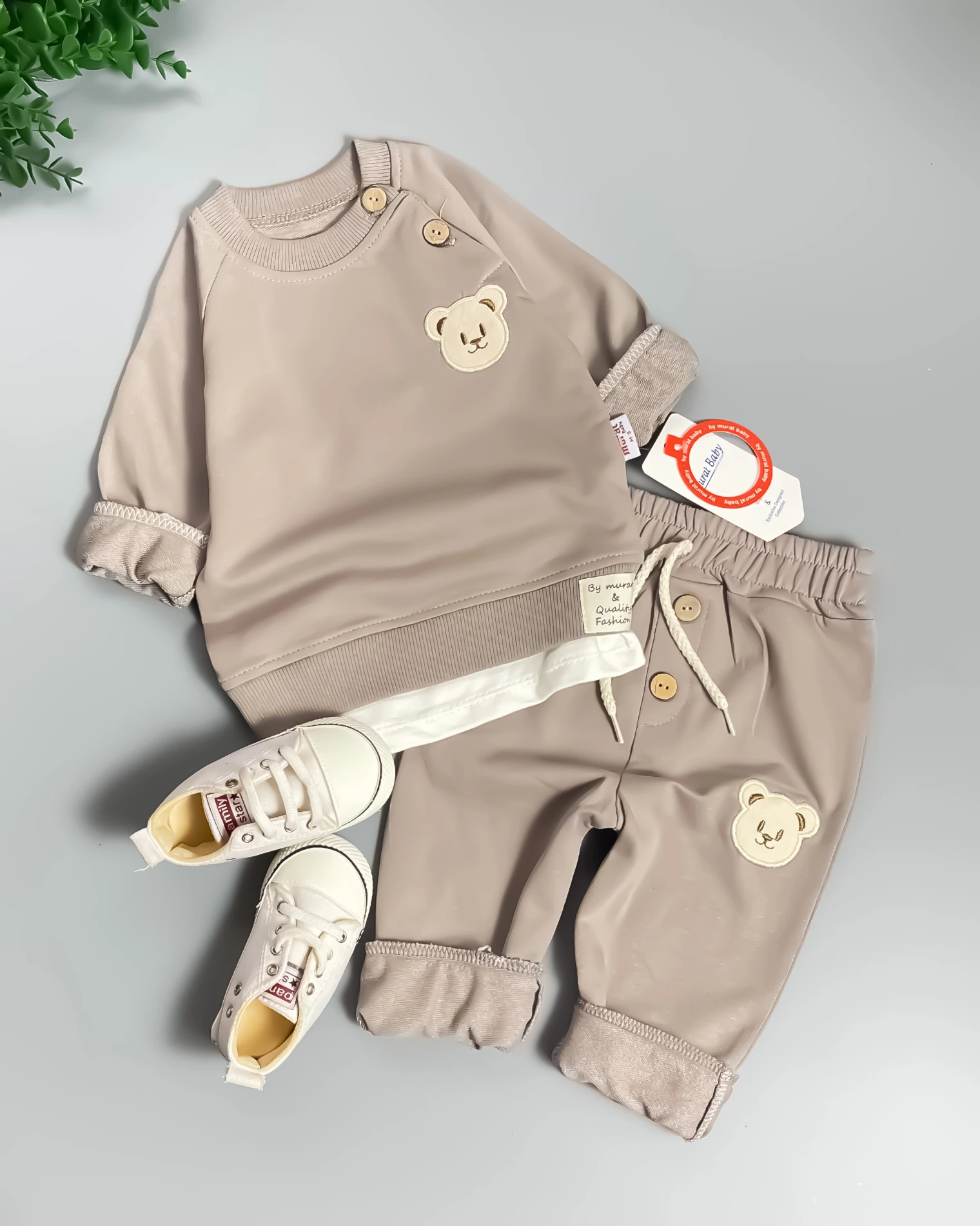 Miniapple Ayıcık Armalı Omuzdan İki Düğmeli 2’li Bebek Takımı - FÜME
