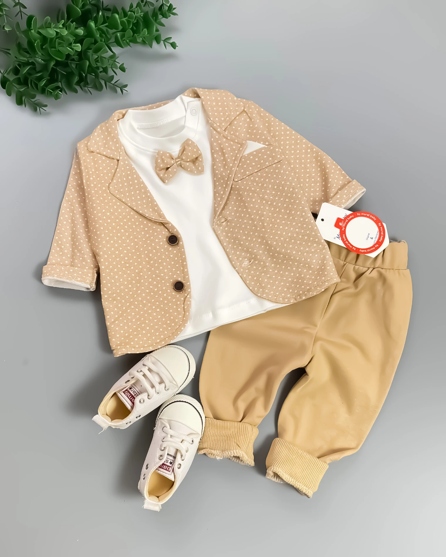 Miniapple Ceketli Minik Puantiyeli Papyonlu Badili 3’lü Bebek Takım Elbisesi - KREM