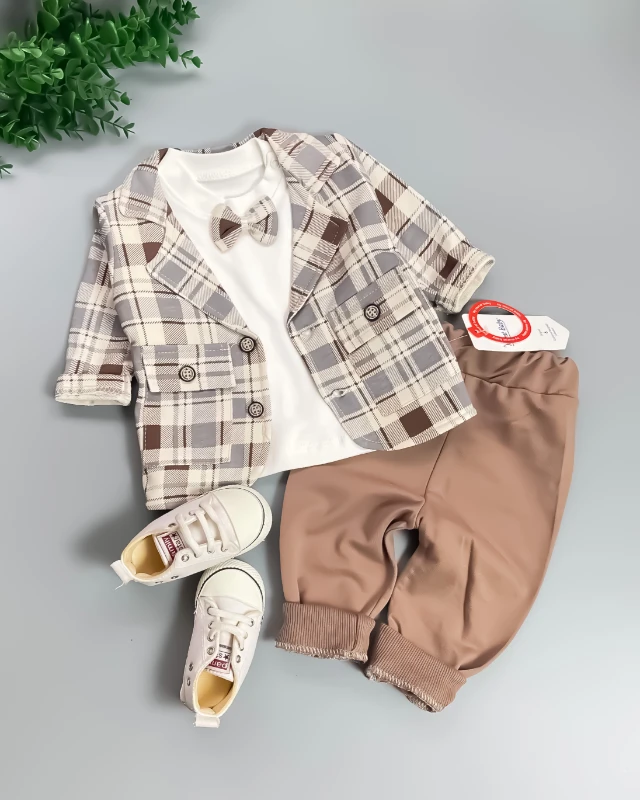 Miniapple Ceketli Ekoseli Papyonlu Badili 3’lü Bebek Takım Elbisesi - KAHVERENGİ