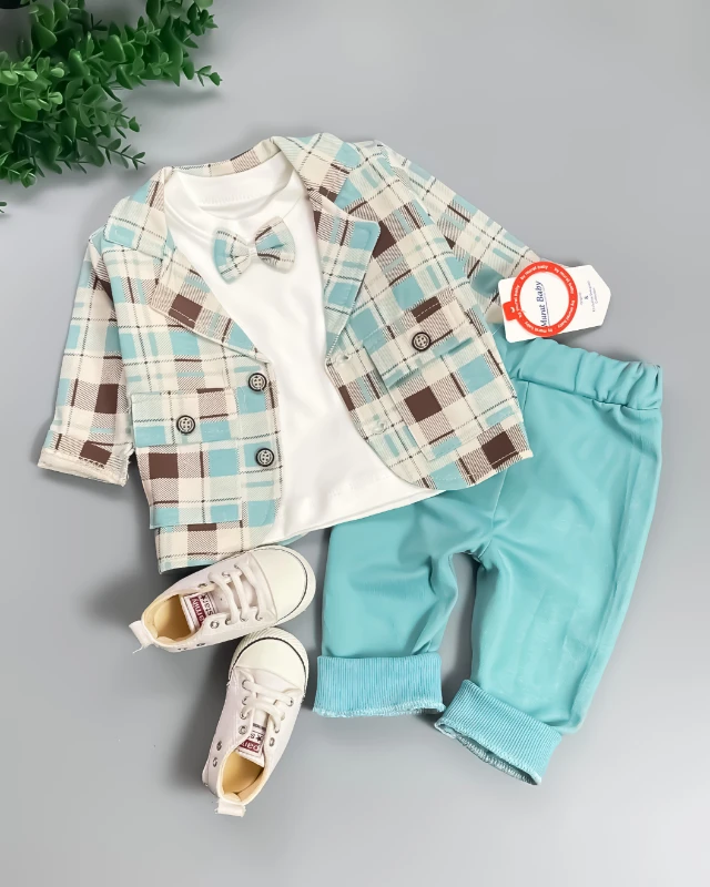 Miniapple Ceketli Ekoseli Papyonlu Badili 3’lü Bebek Takım Elbisesi