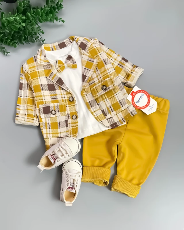 Miniapple Ceketli Ekoseli Papyonlu Badili 3’lü Bebek Takım Elbisesi - KAHVERENGİ