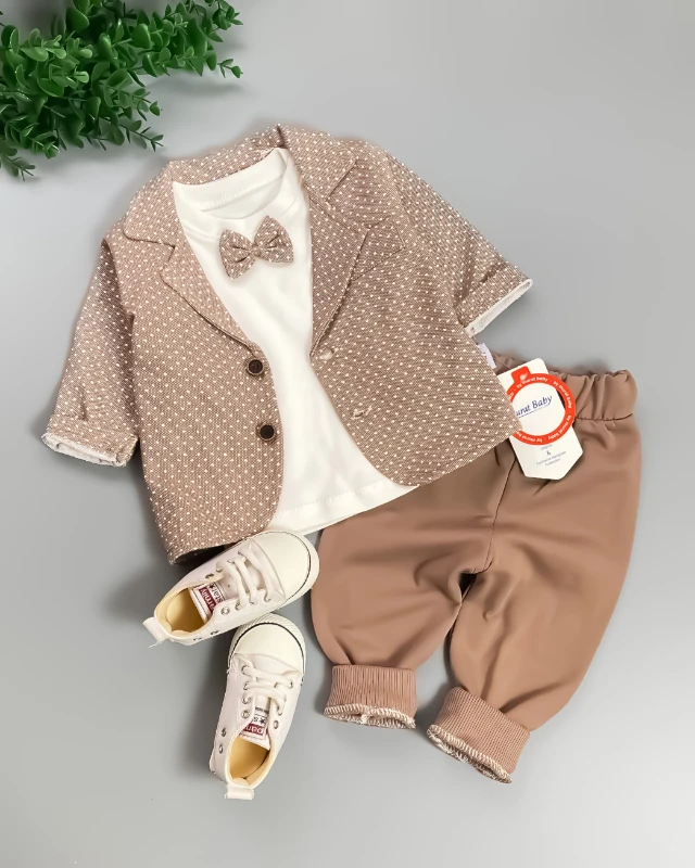 Miniapple Ceketli Minik Puantiyeli Papyonlu Badili 3’lü Bebek Takım Elbisesi - FÜME