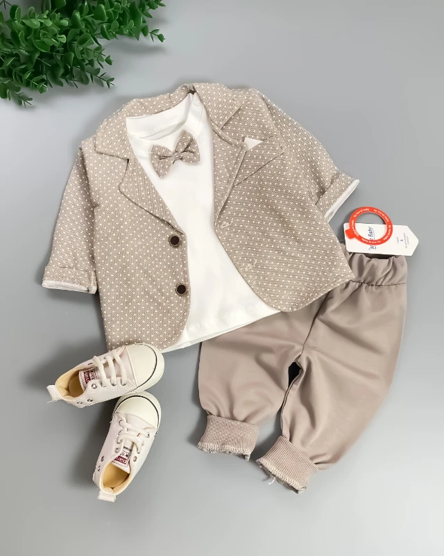 Miniapple Ceketli Minik Puantiyeli Papyonlu Badili 3’lü Bebek Takım Elbisesi - KAHVERENGİ