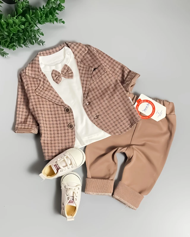 Miniapple Ceketli Küçük Kareli Papyonlu Badili 3’lü Bebek Takım Elbisesi - KREM