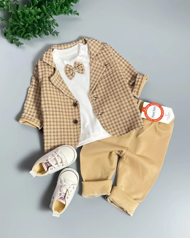 Miniapple Ceketli Küçük Kareli Papyonlu Badili 3’lü Bebek Takım Elbisesi