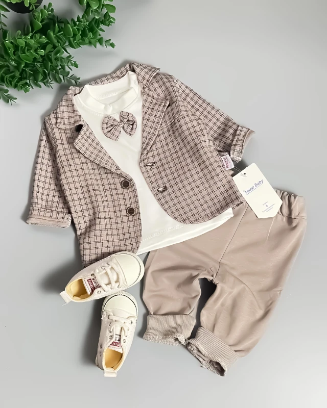 Miniapple Ceketli Küçük Kareli Papyonlu Badili 3’lü Bebek Takım Elbisesi - KAHVERENGİ