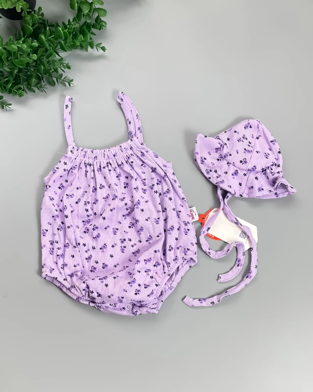 Miniapple Yazlık Küçük Çiçekler Desenli Askılı Şapkalı 2’li Bebek Takımı - LİLA