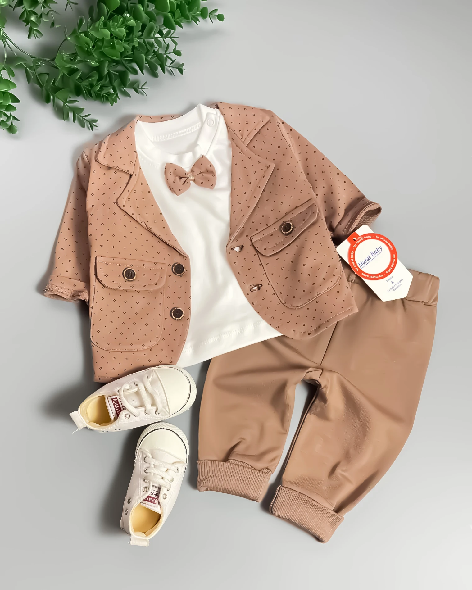 Miniapple Ceketli 4 Noktalı Papyonlu Badili 3’lü Bebek Takım Elbisesi - KAHVERENGİ