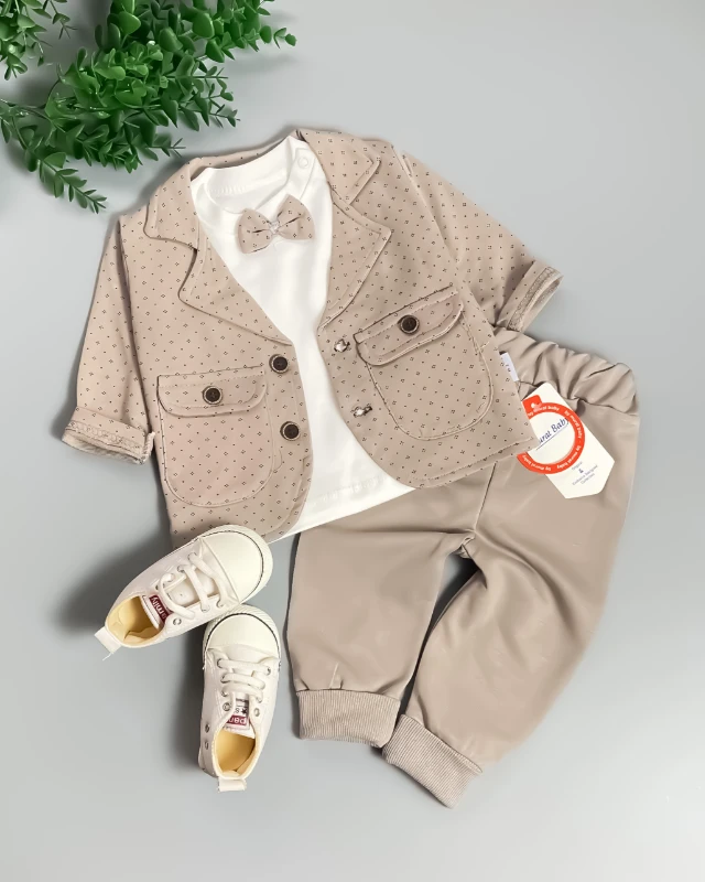 Miniapple Ceketli 4 Noktalı Papyonlu Badili 3’lü Bebek Takım Elbisesi - AÇIK KAHVE