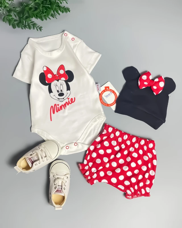 Yazlık Şortu Beyaz Puantiyeli Minnie Baskılı Şapkalı 3’lü Bebek Takımı