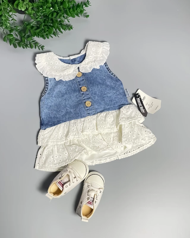 Miniapple Yazlık Önlük Yakalı Kot Bebek Elbisesi
