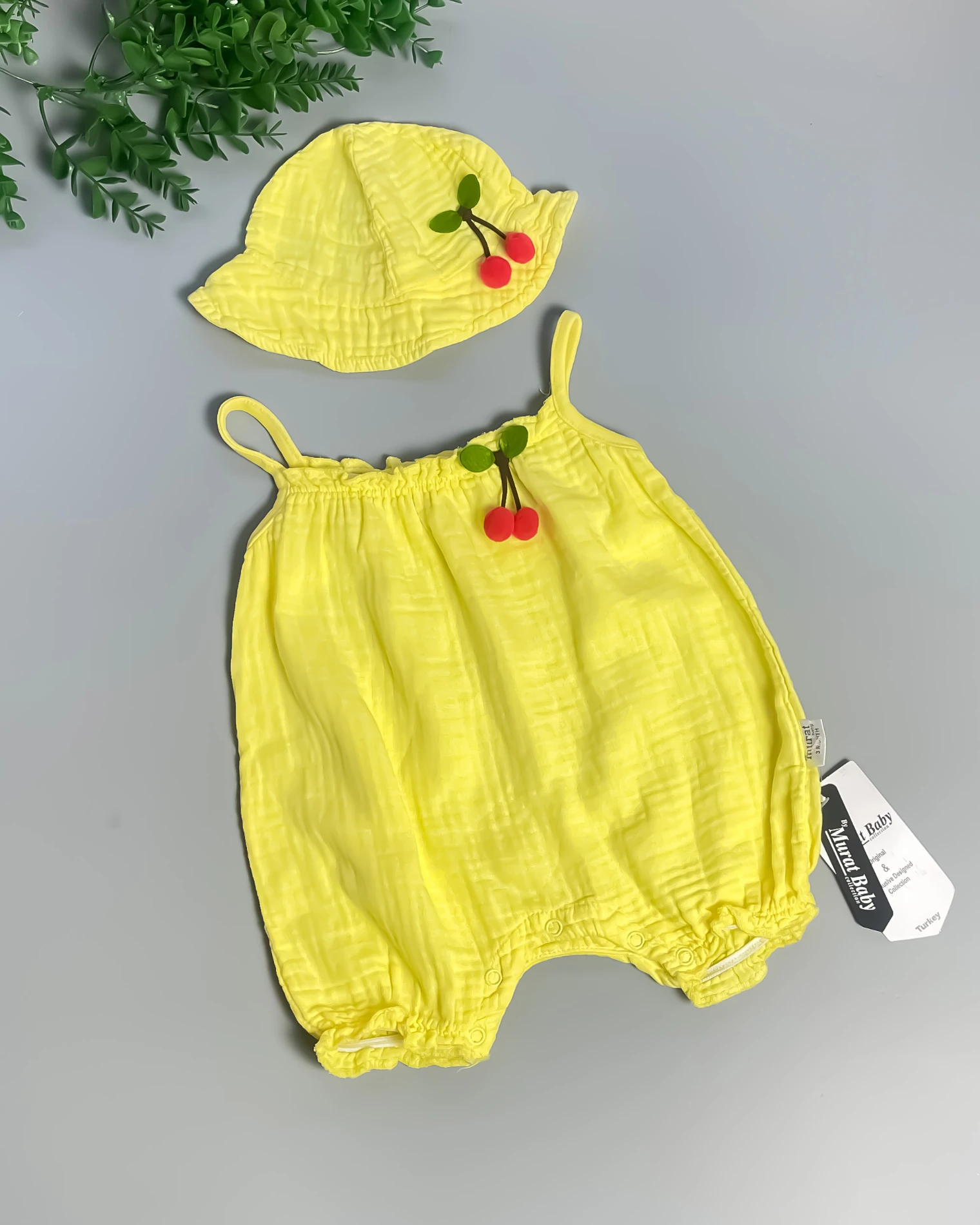 Miniapple Yazlık Kiraz Aksesuarlı Şapkalı Bebek Tulumu - SARI