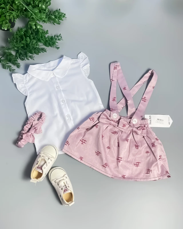 Miniapple Yazlık Kız Gömlekli Askılı Etekli 2’li Bebek Takımı - GÜL KURUSU