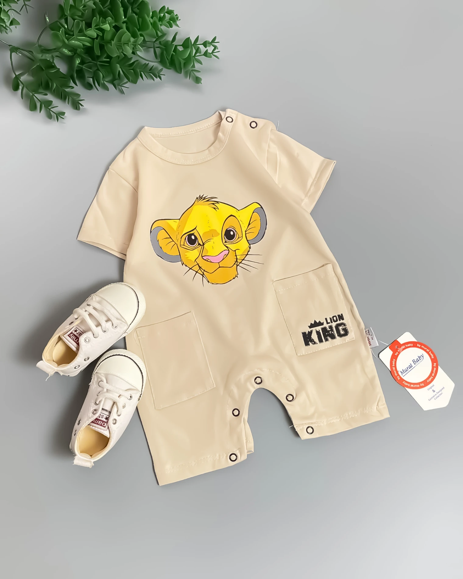 Miniapple Yazlık Lion King Aslan Baskılı Çift Cepli Bebek Tulumu