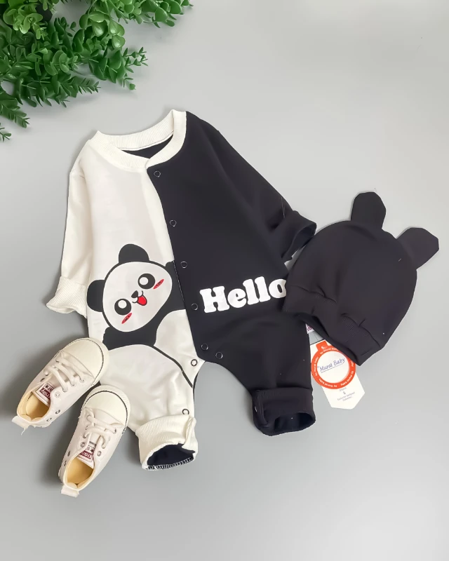 Miniapple Hello Panda Baskılı Şapkalı Bebek Tulumu - Siyah Beyaz