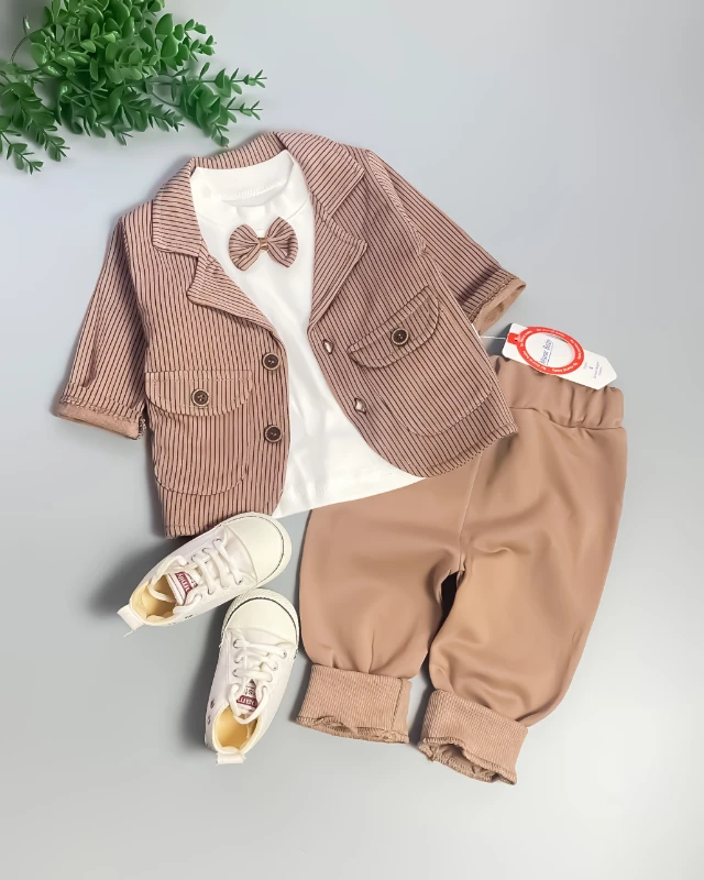 Miniapple Ceketli Çizgili Papyonlu Badili 3’lü Bebek Takım Elbisesi - AÇIK KAHVE
