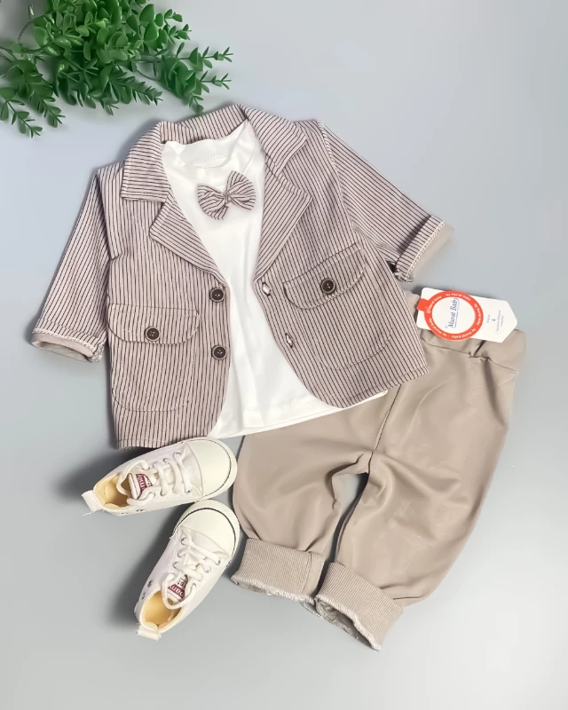 Miniapple Ceketli Çizgili Papyonlu Badili 3’lü Bebek Takım Elbisesi - FÜME