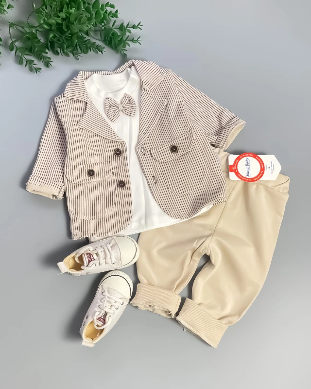 Miniapple Ceketli Çizgili Papyonlu Badili 3’lü Bebek Takım Elbisesi - KREM