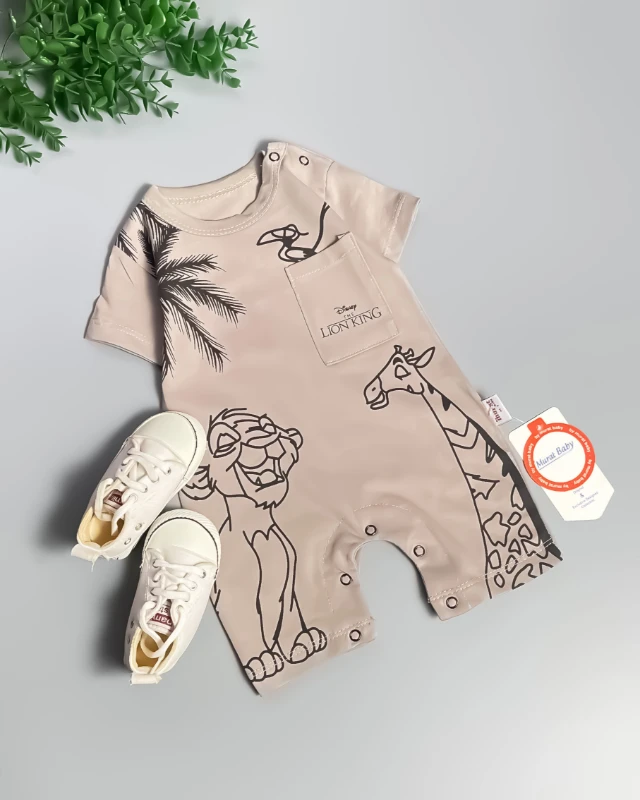 Miniapple Yazlık Palmiye Aslan ve Zürafa Baskılı Çıtçıtlı Bebek Tulumu - FÜME