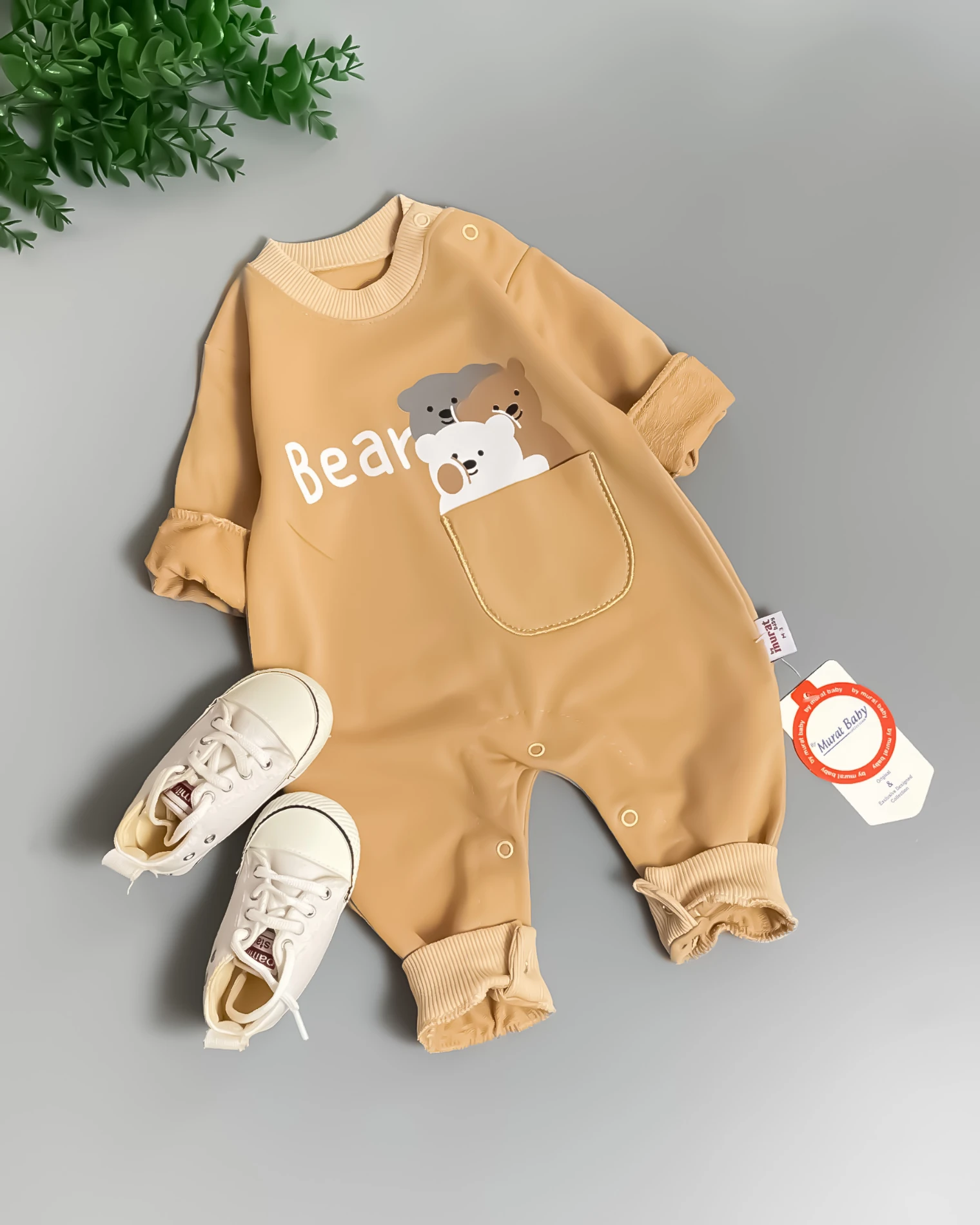 Miniapple Bear 3 Ayıcık Baskılı Omuzdan ve Alttan Çıtçıtlı Bebek Tulumu - AÇIK KAHVE