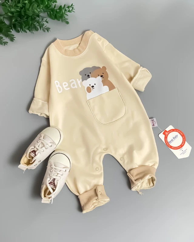 Miniapple Bear 3 Ayıcık Baskılı Omuzdan ve Alttan Çıtçıtlı Bebek Tulumu