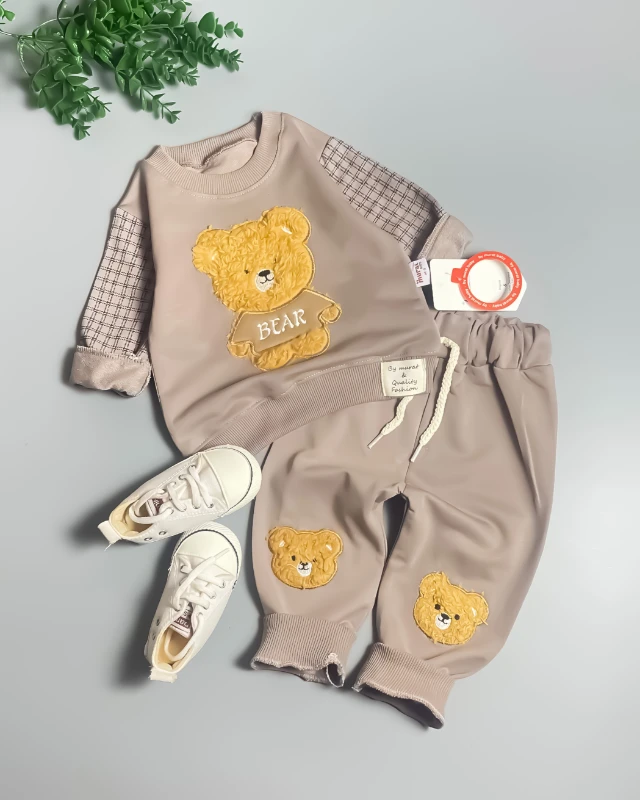 Miniapple Kolları Kareli Bear Nakışlı 2’li Bebek Takımı - KREM
