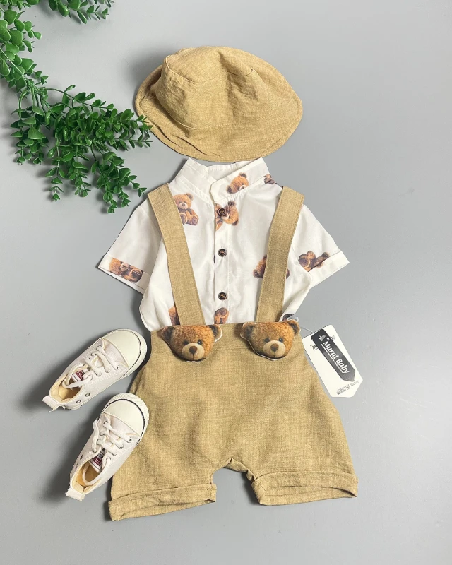 Miniapple Yazlık Gömleği Tedy Ayıcık Desenli Şapkalı Salopetli 3’lü Bebek Takımı