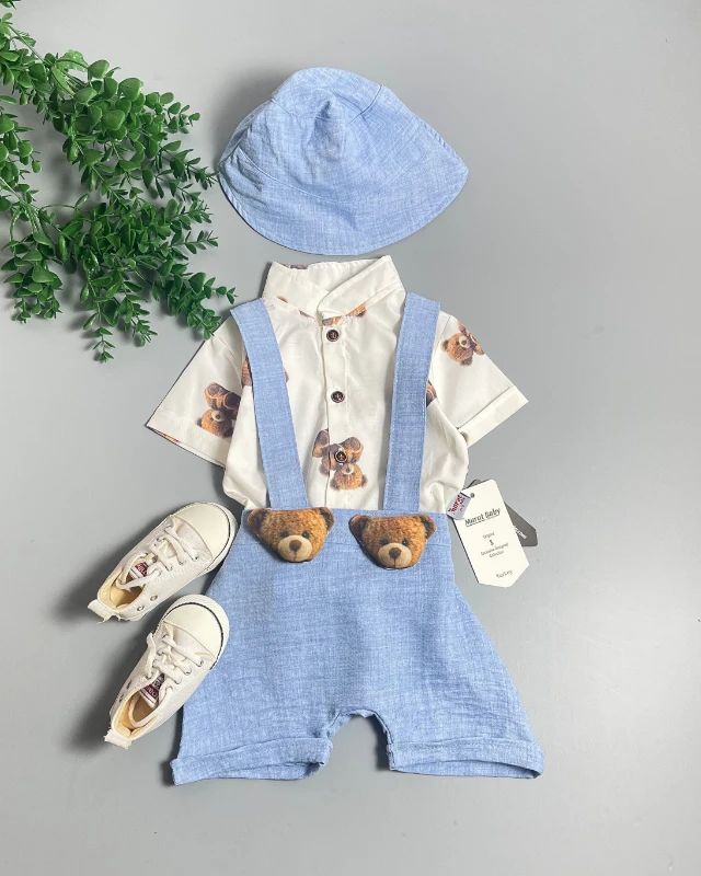 Miniapple Yazlık Gömleği Tedy Ayıcık Desenli Şapkalı Salopetli 3’lü Bebek Takımı