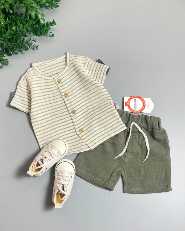 Miniapple Yazlık Gömleği Yatay Çizgili Kolları Düğmeli 2’li Bebek Takımı - LACİVERT