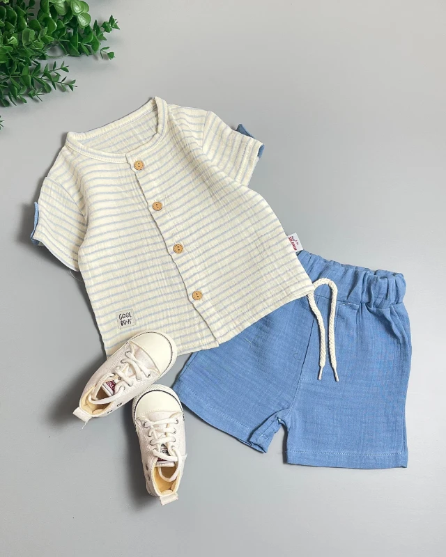 Miniapple Yazlık Gömleği Yatay Çizgili Kolları Düğmeli 2’li Bebek Takımı - BORDO
