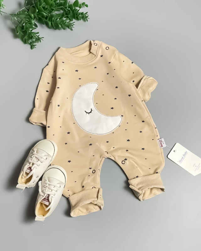Miniapple Ay Yıldız Nakışlı Alttan ve Omuzdan Çıtçıtlı Bebek Tulumu