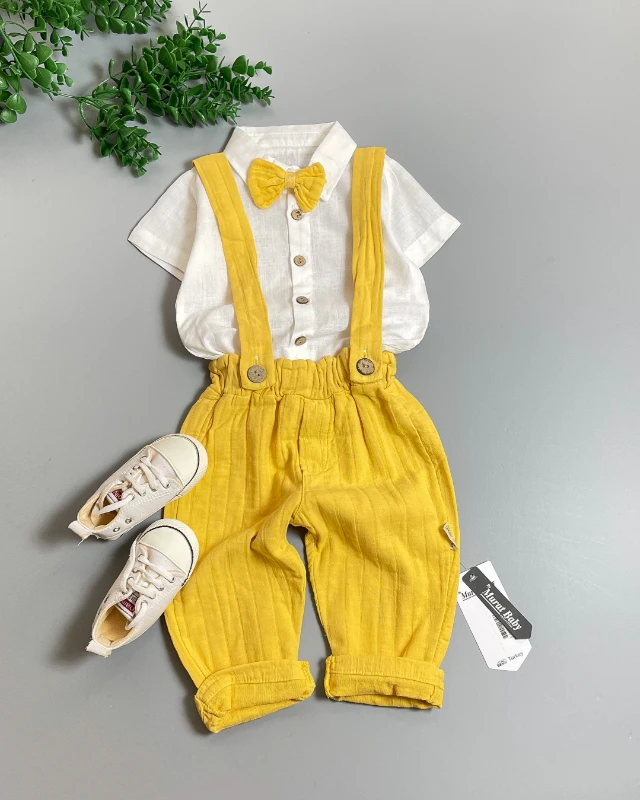 Miniapple Yazlık Papyonlu Gömlekli Çizgili Müslin Pantolonlu Askılı 2’li Bebek Takımı