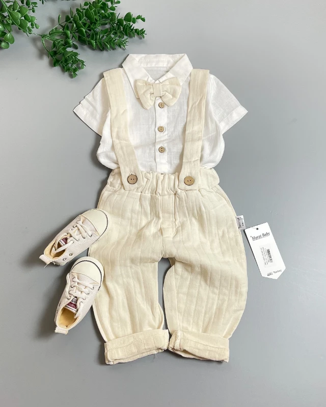 Miniapple Yazlık Papyonlu Gömlekli Çizgili Müslin Pantolonlu Askılı 2’li Bebek Takımı