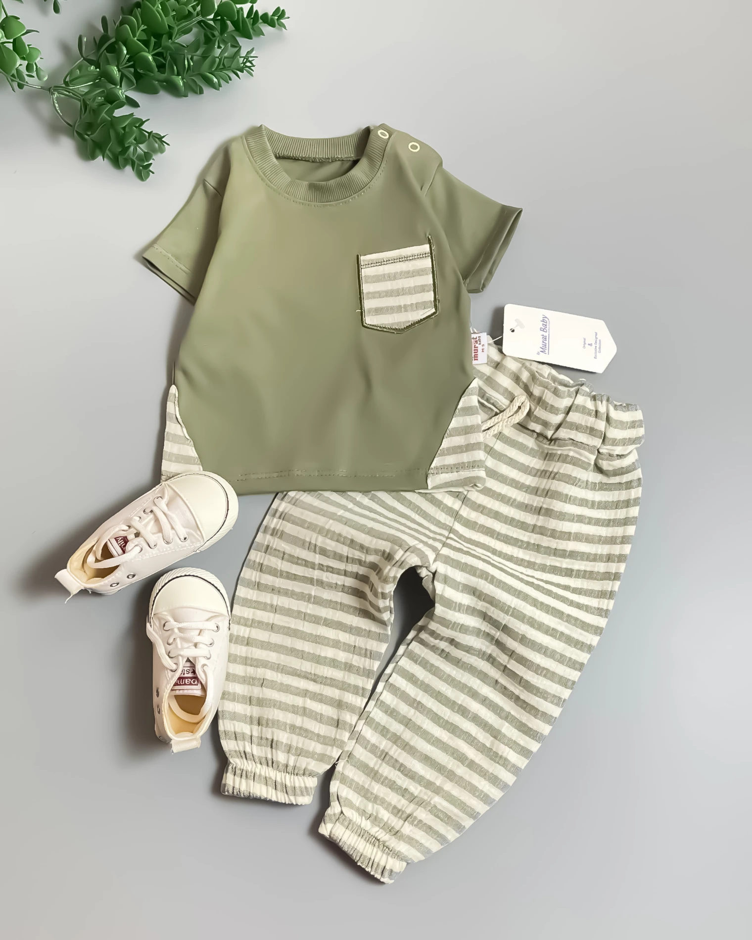 Miniapple Yazlık Omuzdan İki Çıtçıtlı Cebi ve Pantolonu Çizgili 2’li Bebek Takımı - HAKİ