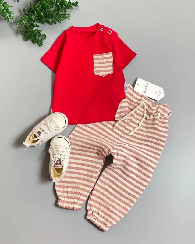 Miniapple Yazlık Omuzdan İki Çıtçıtlı Cebi ve Pantolonu Çizgili 2’li Bebek Takımı - KIRMIZI