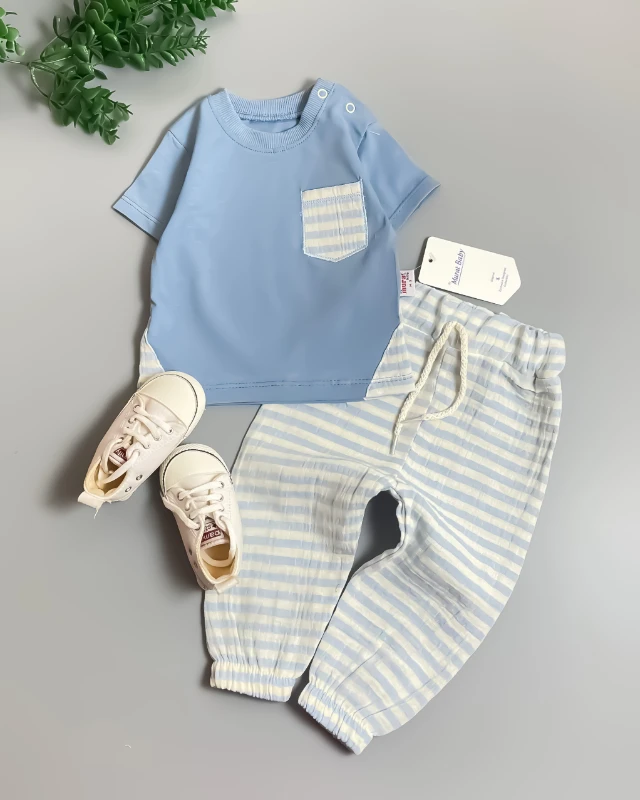 Miniapple Yazlık Omuzdan İki Çıtçıtlı Cebi ve Pantolonu Çizgili 2’li Bebek Takımı